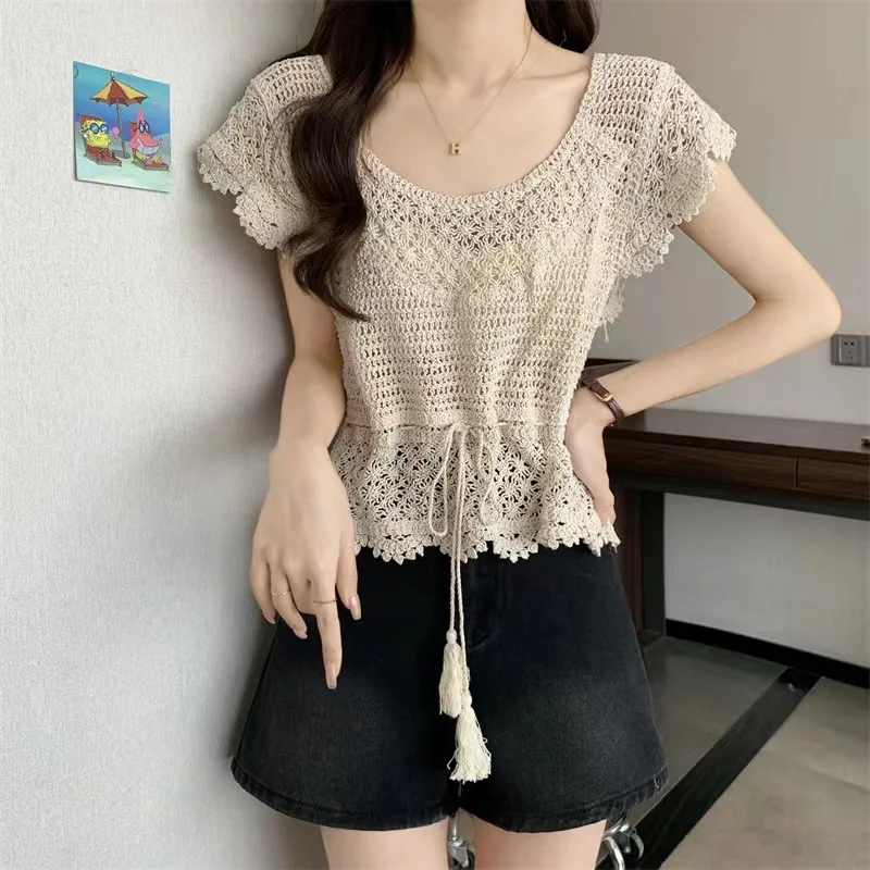 Crochet Tops for Women Short Sleeve Drawstring Waist Open-knit Sheer Crop Shirts Blouses Boho Vacation Outfit