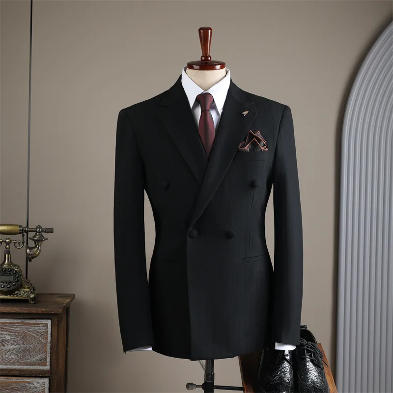 New Men Striped Double Breasted Blazer Notched Lapel Slim Fit Suit Jacket Formal Business Wedding Groom Party Fashion Outerwear