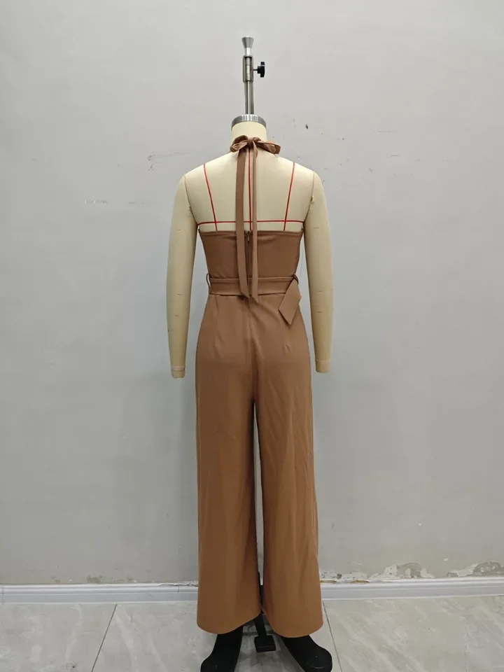 

Fashion High-End Minimalist Elegant Jumpsuit with Slimming Waist Belt Temperament Commuting Women's Sexy Wide Leg Jumpsuits