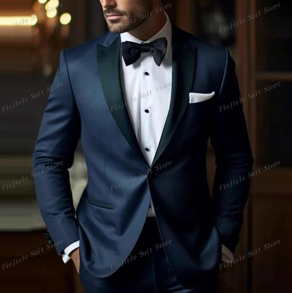 New Black Lapel Navy Blue Business Men Suit Groom Groomsman Tuxedos Wedding Party Formal Occasion 2 Piece Set Blazer Pants