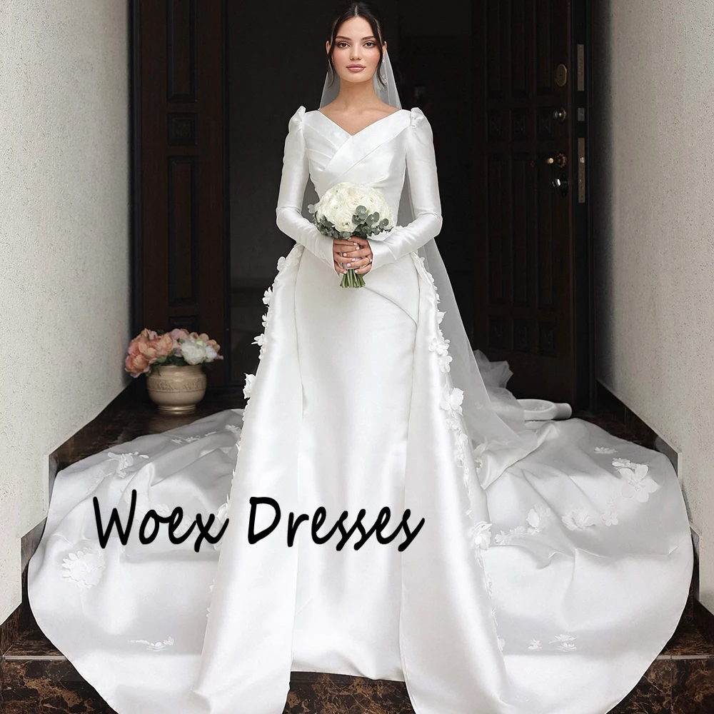 Customized V-neck Appliques Full Sleeves Satin Wedding Dress Watteau Train Mermaid Pleat Bride Gown Floor Length Wedding Gown