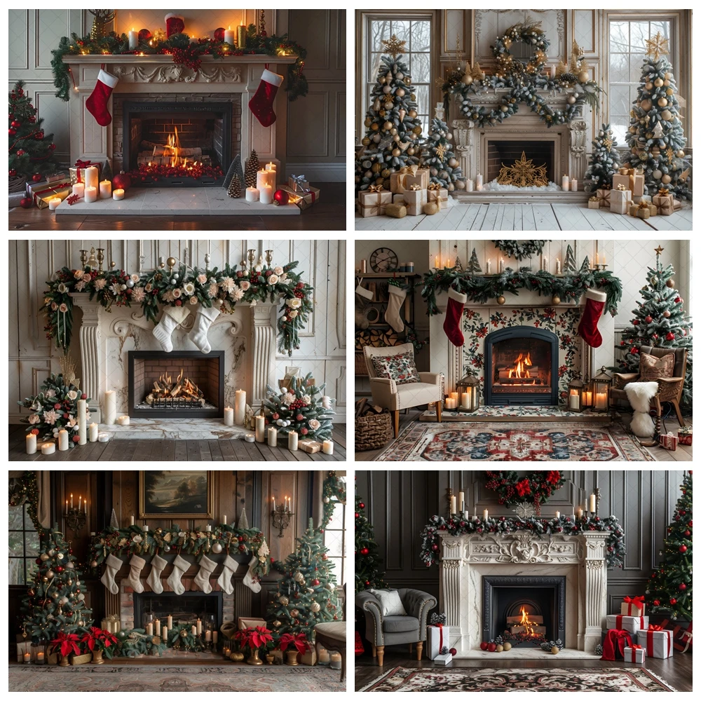 

Christmas Fireplace Background Wall Christmas Tree Winter Comfort Home Interior Decoration Banner Photography Studio Supplies