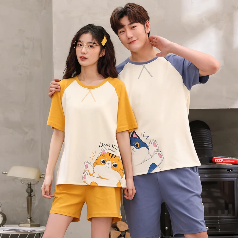 Newest Couple Pajamas Set Summer 100% Cotton Men And Women Short-sleeved Sleepwear Cute Cartoon Lover Pyjamas