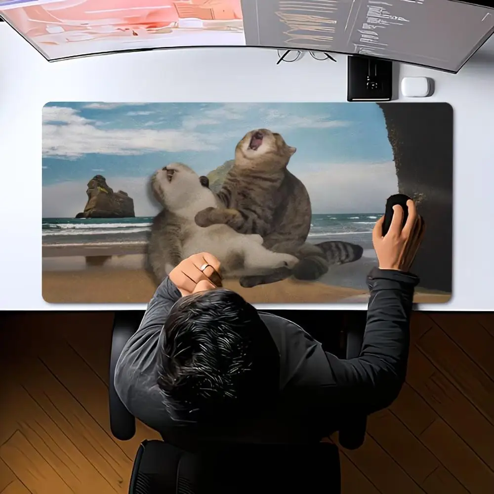 Funny Beach Chubby Cat Group XXL Desk Pad Non-Slip Rubber Gaming Mouse Mat Keyboard Cushion Desktop Office Computer Accessories