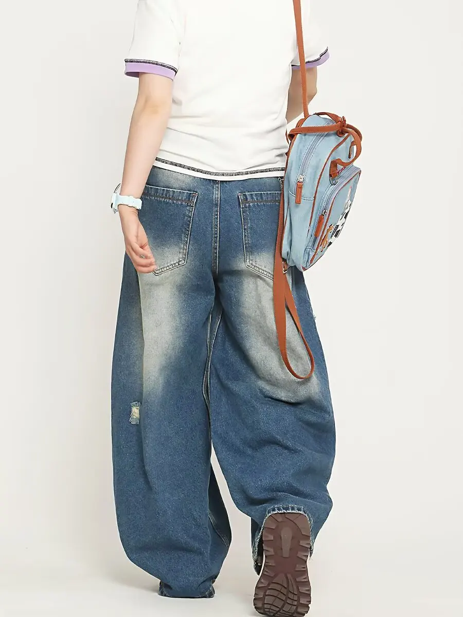 Korean Style Kawaii Cartoon Patch Washed Baggy Women's High-Waisted Jeans Y2K Harajuku Hip Hop Goth Casual Baggy Trousers 2025