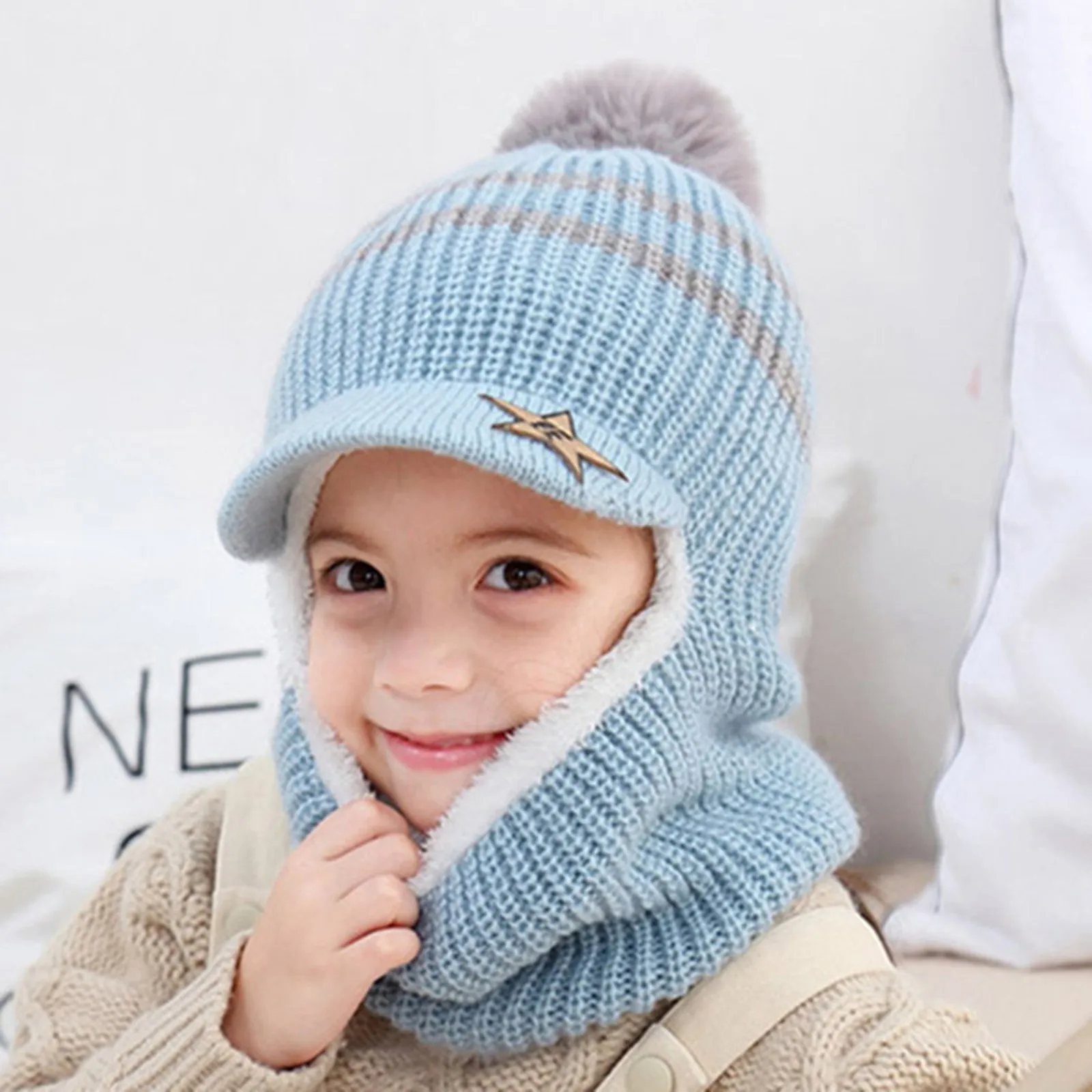 2024 Winter Kid Hooded Caps Windproof Ski Cycling Earflap Scarf Hat Toddler Baby Knit Thick Warm Beanie Cold Weather Accessories