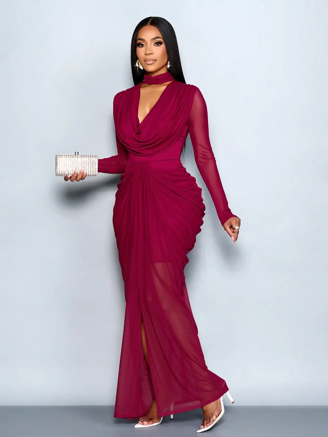 Elegant Burgundy Long Sleeve Mesh Dress With Draped Neck Ruched Waist High Slit For Party Banquet Evening