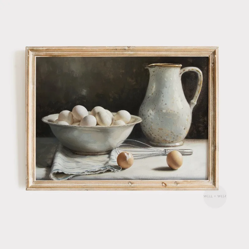 Vintage Still Life Art Poster Figs Pear Lemon Bread Teapot Croissant Coffee Espresso Eggs Canvas Painting Kitchen Home Decor