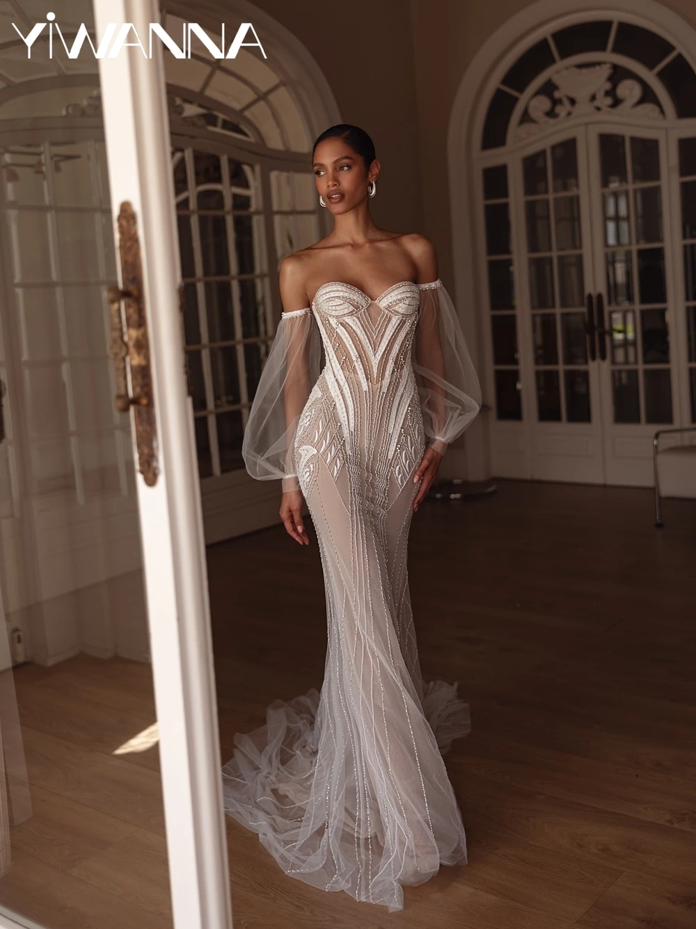 

Detachable Sleeve Luxury Beaded Wedding Dress Illusion Mermaid Long Bridal Gown Customized Sweetheart Neck Dresses For Bride