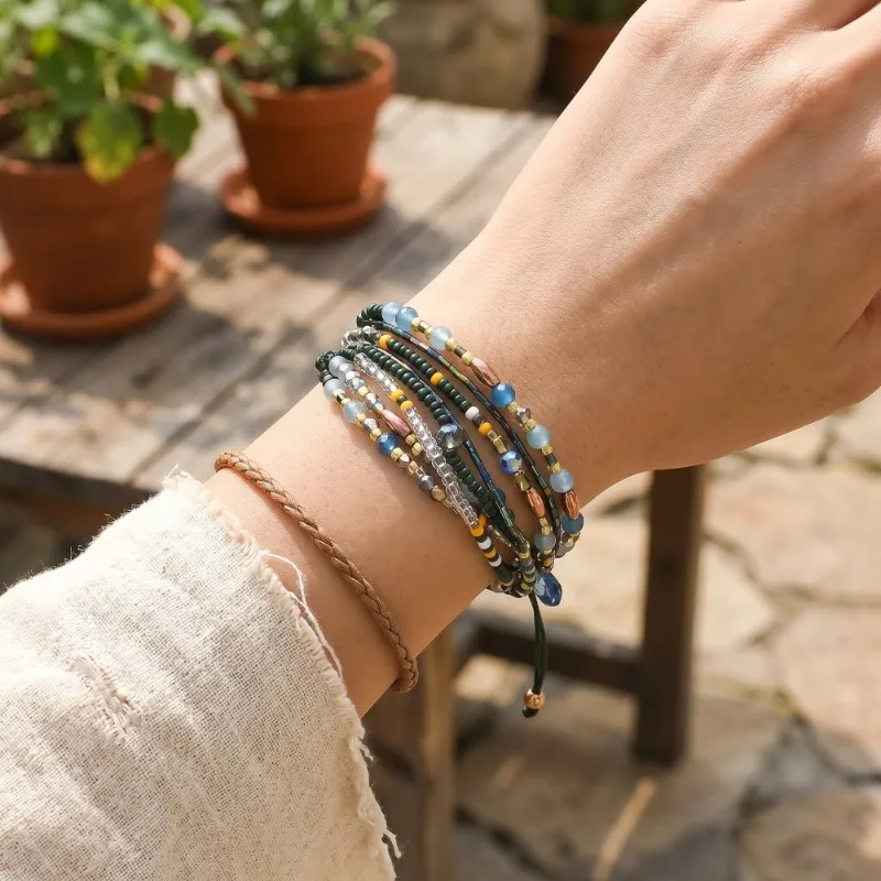 Retro Boho Adjustable Hand-woven Cord Colored Seed Beaded Multi Layer Stack Bracelets for Women Tourist Souvenir Jewelry Gift