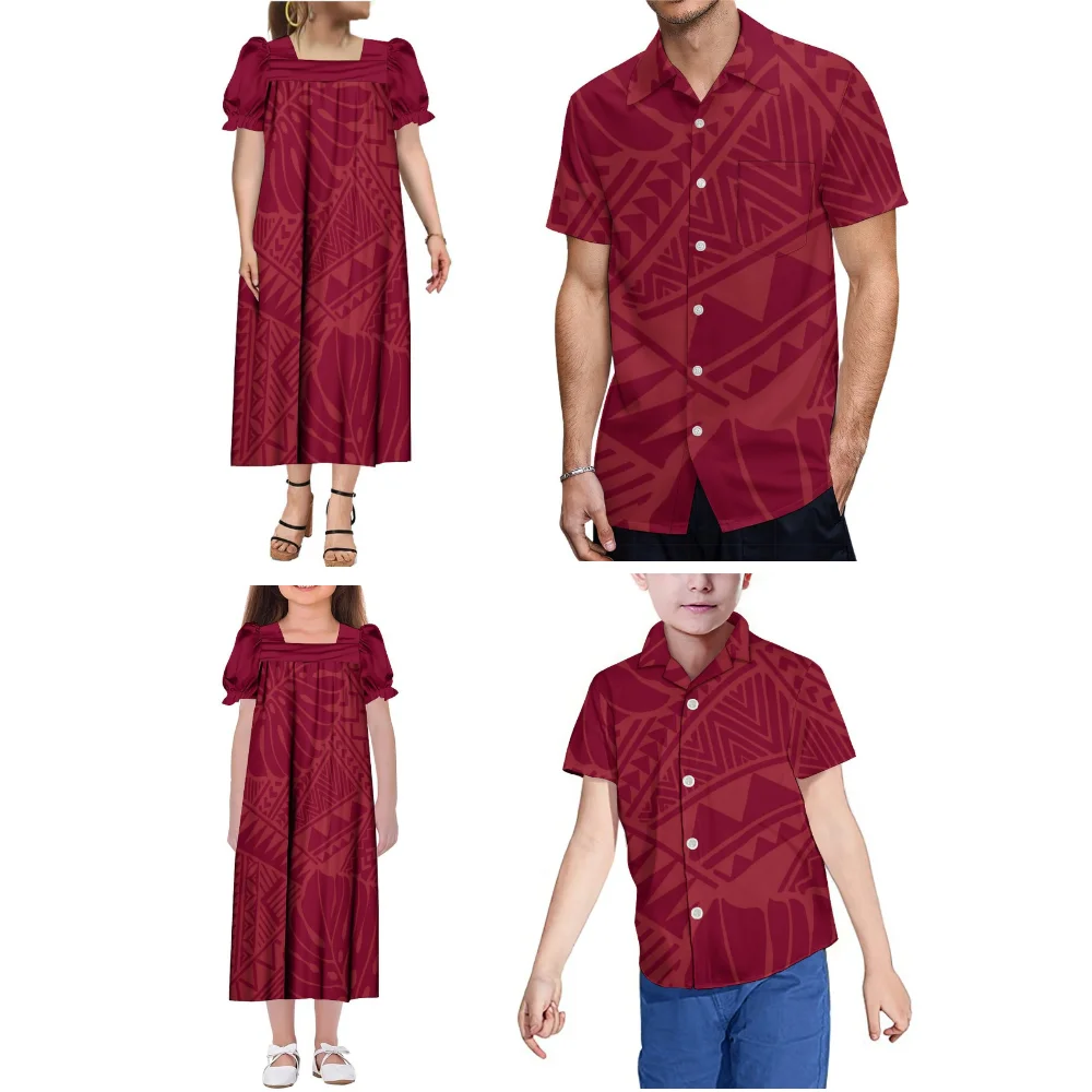 Maßgeschneiderte hawaiianische bedruckte Hemdoberteile für Herren und Jungen, Mumu-Kleider für Damen und Mädchen, polynesische Familien-Party-Outfits