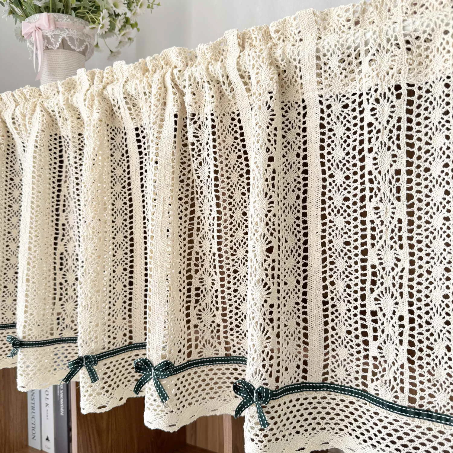 

Bohemian short curtain for small window, Machine Washable Kitchen Curtains，Cafe Style Half Curtain，No Drill Tension Rod Curtains