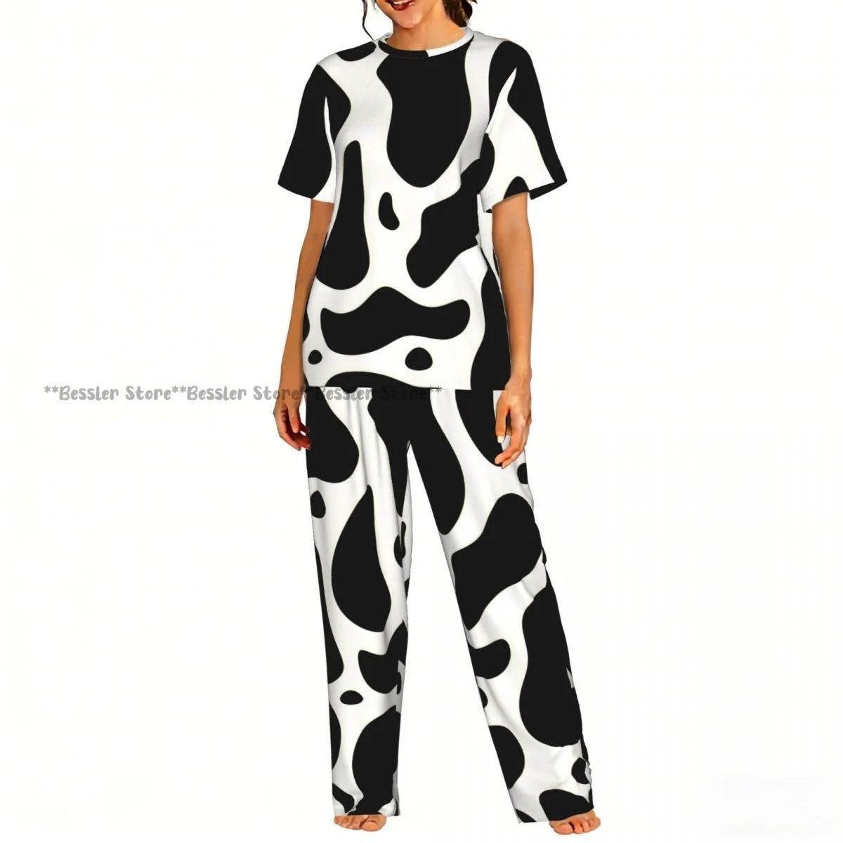 

Женские пижамные комплекты, домашняя одежда для сна, ночная одежда с короткими рукавами и узором под коровью кожу