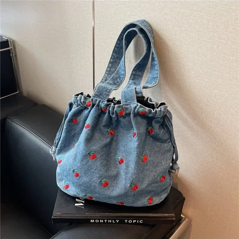 

Casual Simple Bucket Bag 2025 Autumn Versatile Cherry Embroidery Underarm Shoulder Bag Large Capacity Niche Design Denim Handbag