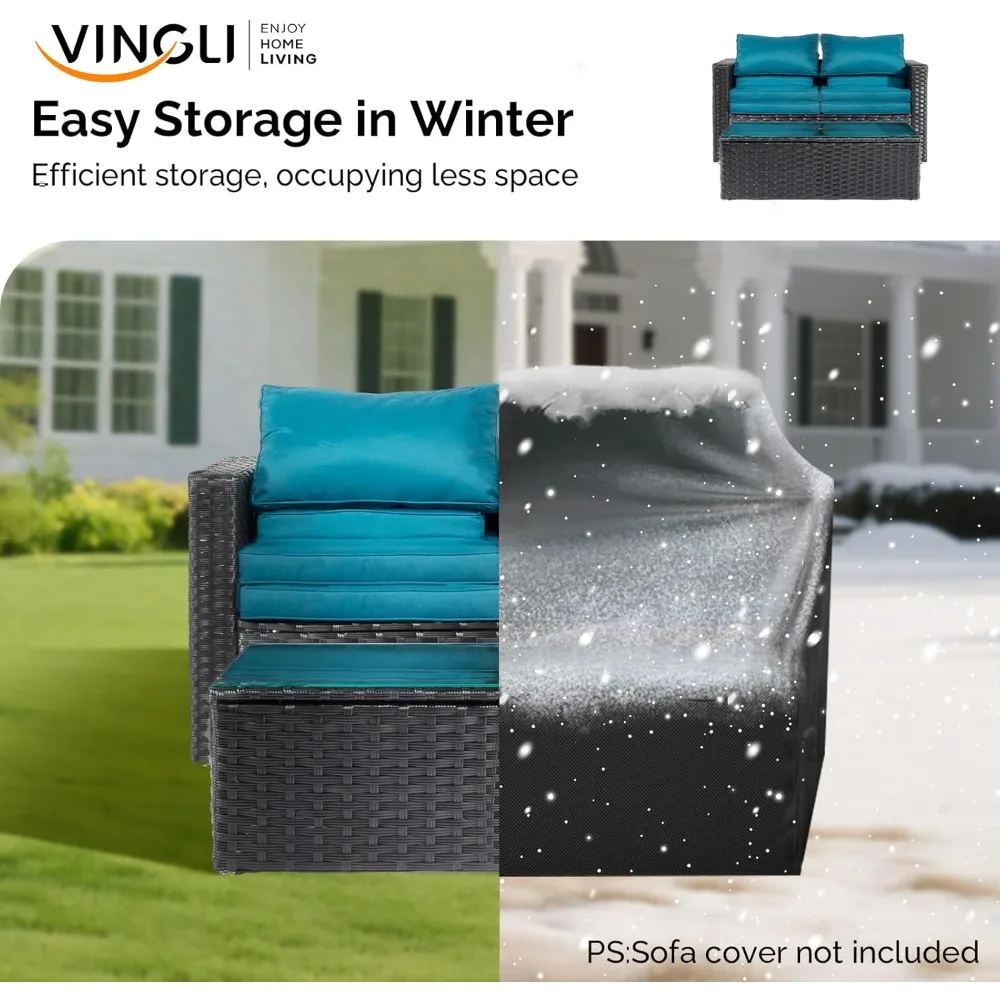 طقم أثاث فناء من الخيزران مكون من 6 قطع، مجموعة أثاث خارجي مقطعي للفناء، تصميم موفر للمساحة مع عثماني #4