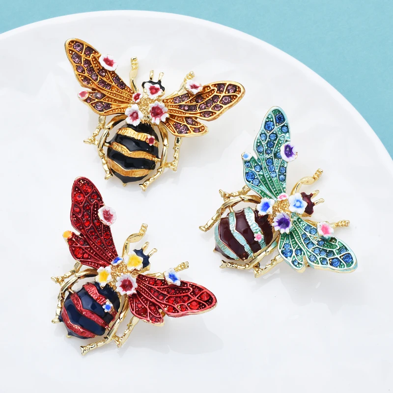 Wuli&baby Big Enamel Bee Brooches For Women Men 3-color Flower Insects Party Causal Brooch Pin Gifts