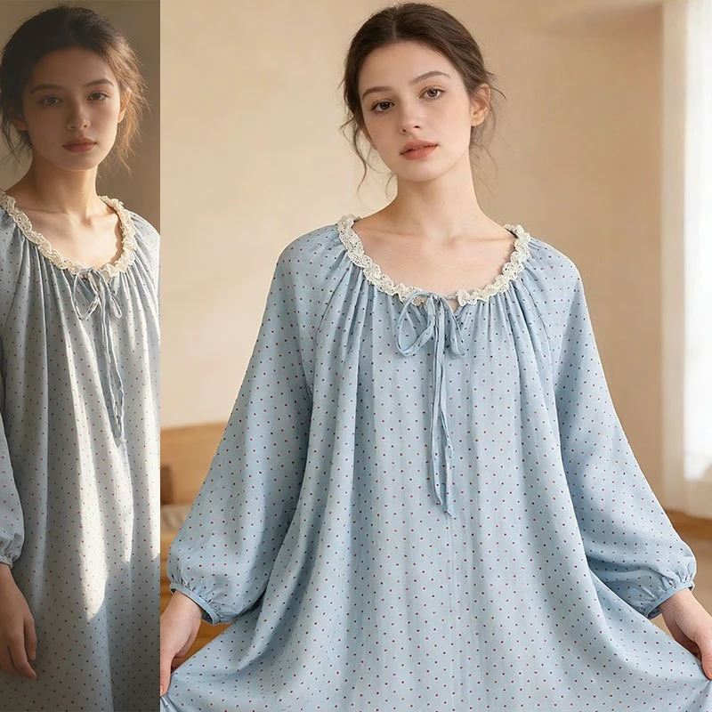 Women's 100% Cotton Double Layer Gauze Nightgown Ultra Soft Lace Trim Polka Dot Drawstring Neck Loose Home Sleep Dress