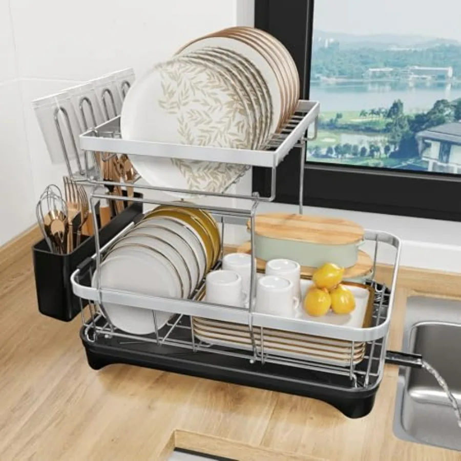 

2-Tier Dish Drying Rack for Kitchen Counter 304 Stainless Steel with Adjustable Drainboard Removable Utensil Holder Water Filte