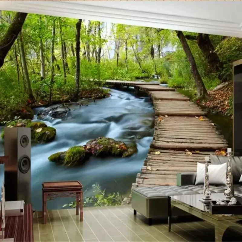 

Пользовательские обои 3d фреска лесной существа водопад мост вода лес пейзажная живопись гостиная ТВ фон стены обои