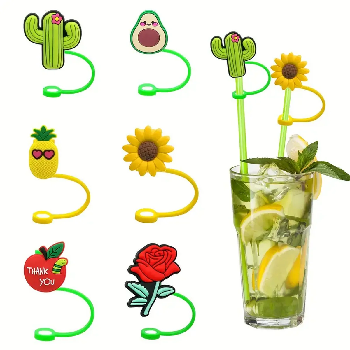 Cute Anime Cartoon Silicone Straw Caps Fruit & Plant Party Decoration Fun Drink Straws with Dust Plug for Refreshments