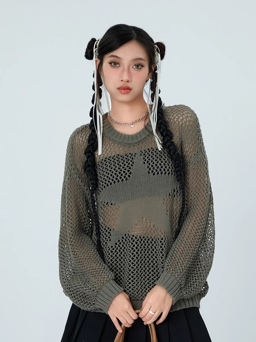 Summer Women's Hollow Out Sweaters Long Sleeve Round Neck Solid Color Knit Pullover Fairy Grunge Tops