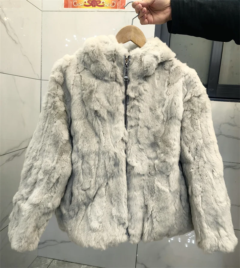 Chaqueta holgada de invierno con capucha y cremallera para mujer, abrigo de piel Natural 100% de piel de conejo auténtica, ropa gruesa y cálida para mujer, prendas de vestir exteriores peludas para mujer