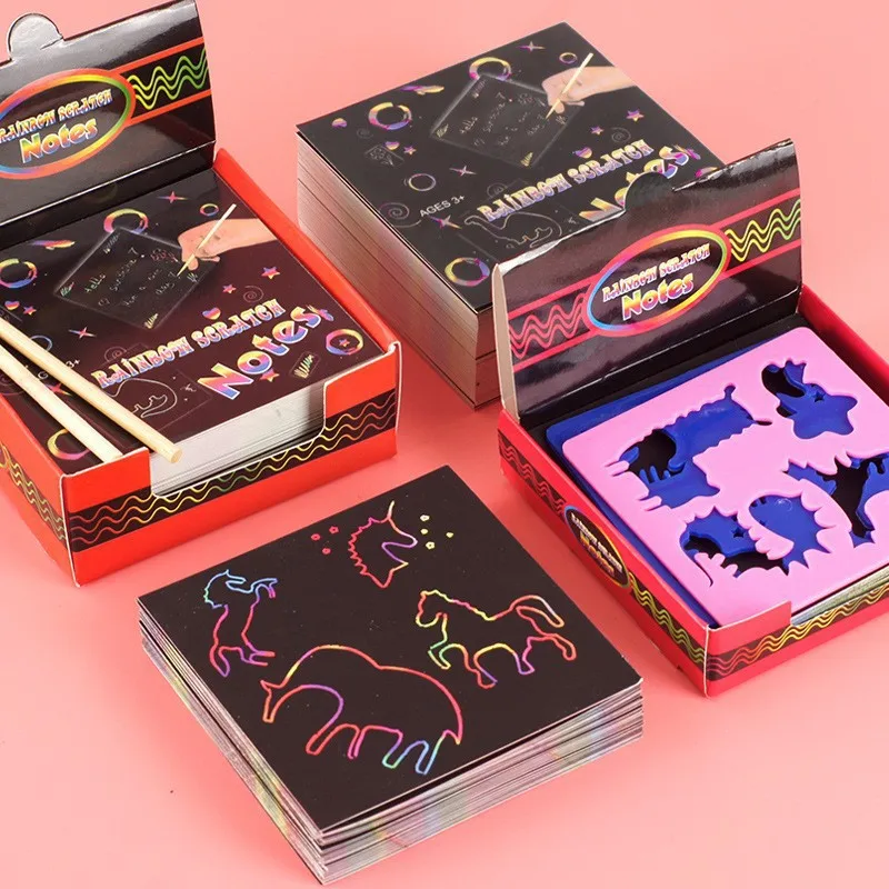 100 Uds Arco Iris Scratch Mini notas tarjetas de papel con plantilla de dibujo niños DIY dibujo pintura juguetes educativos regalos
