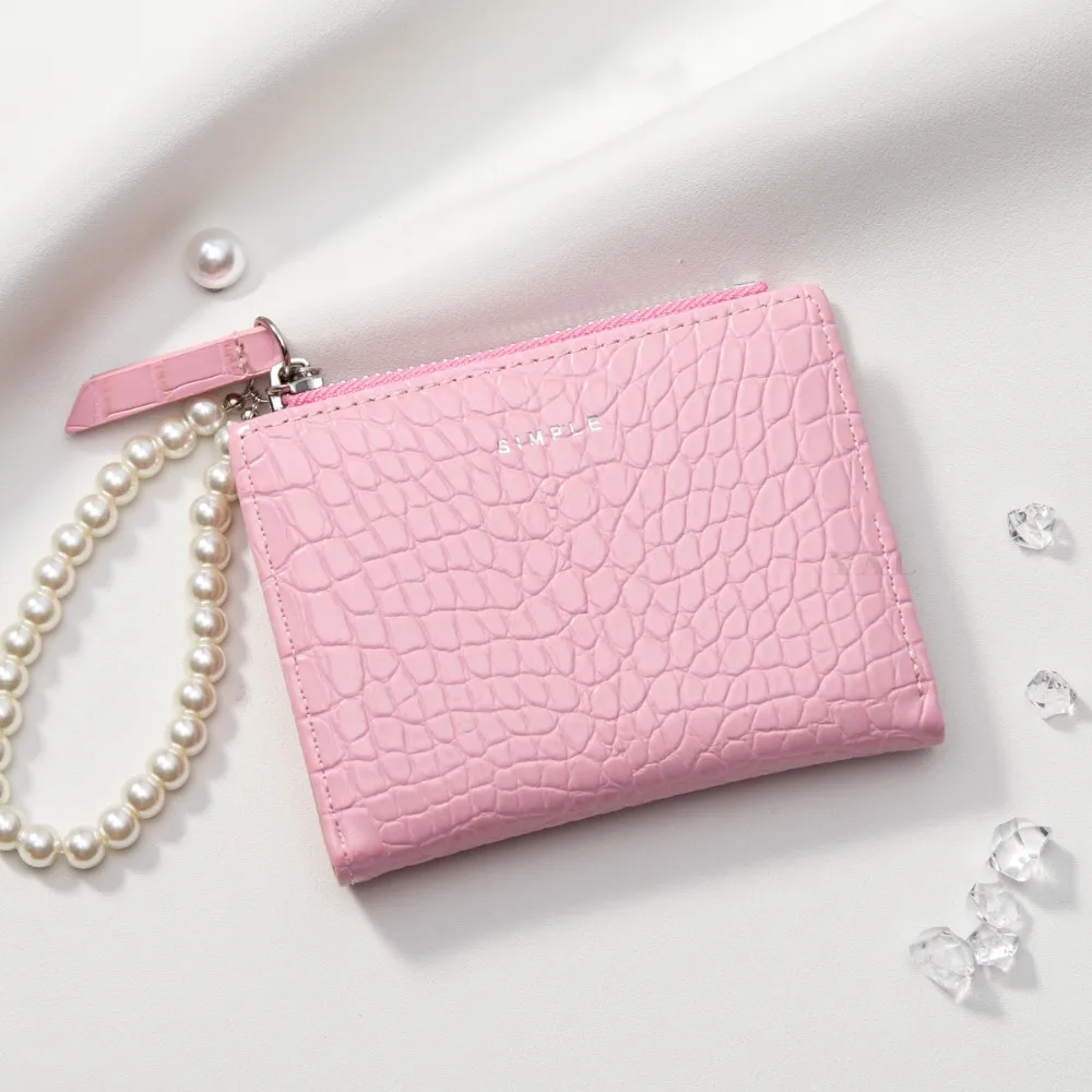 

Fashion Imitation Pearl Chain Alligator Print Purse Sweet Causal Card Bag Zipper Pocket Solid Color Women Short Wallet Women