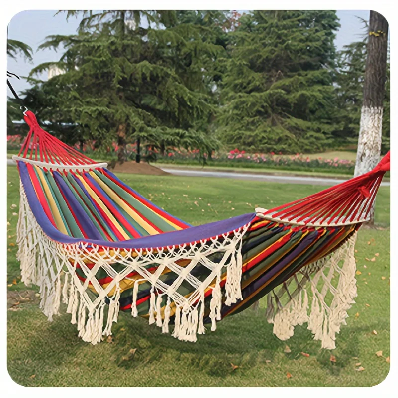 Bohemian Double Hammock for 2 Person, Red White Striped Pattern with Tassels, Heavy Duty Rope Outdoor Hammock with Carry JJ1748
