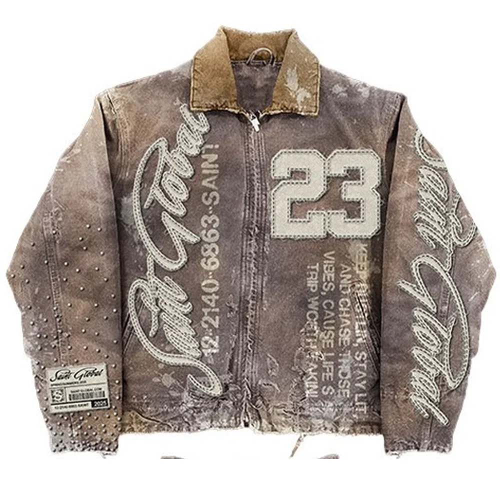 Chaqueta marrón lavada Retro americana Y2K, ropa para hombre, parche de letras bordado, lentejuelas, diseño de diamantes de imitación, abrigos de gran tamaño, Top informal