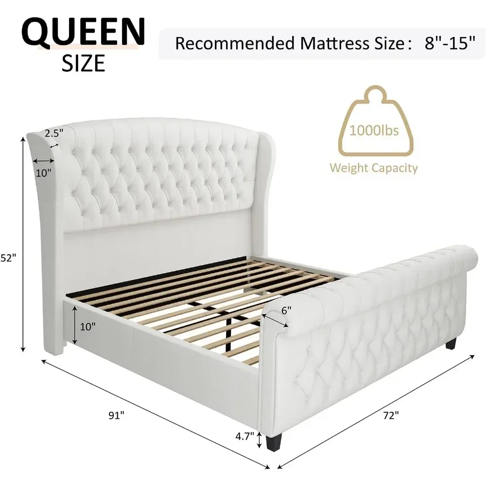 Rama łóżka Queen/King Size, tapicerowane szenilowo łóżko z wezgłowiem z przewijanym skrzydłem i podnóżkiem / rama łóżka z pikowanym guzikiem