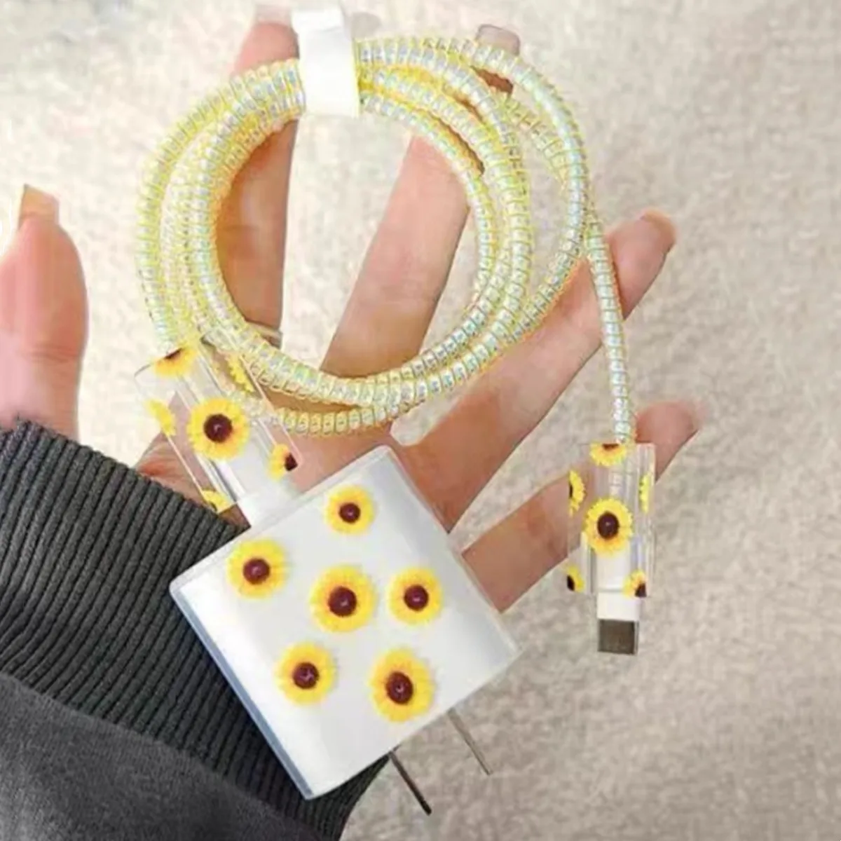 Yellow Sunflower Charging Data Cable Protector For iPhone 18/20w Charger Protective Cover Winder Accessories 5pcs