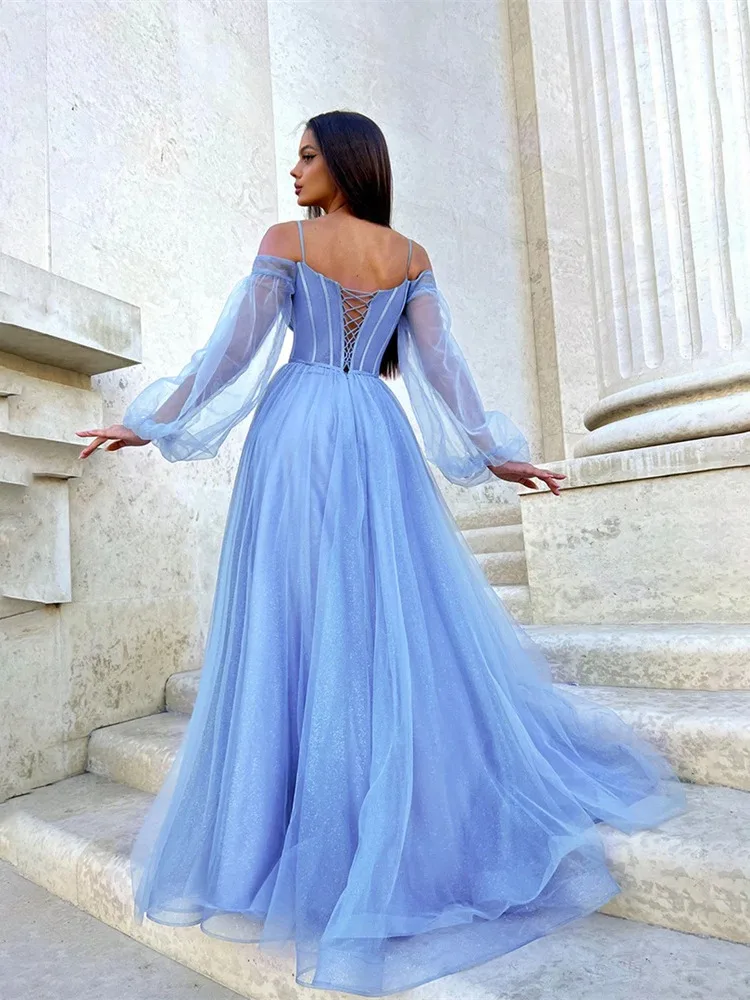 Glanzend Off Shoulder Blauwe Prom Dress Lange Pofmouwen Veterrug Sexy Side Split Formele Bruiloftsfeest Avondjurk Vestido