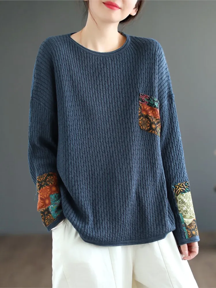 Knitted Autumn Pullover Tops Women Long Sleeve Print Patchwork Fashion Ladies Sweaters Casual Loose Oversized Woman Sweater