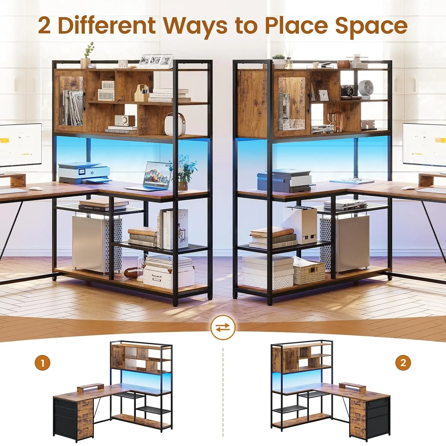 58'' L Shaped Computer Office Desk with 3 Drawers and Bookshelf