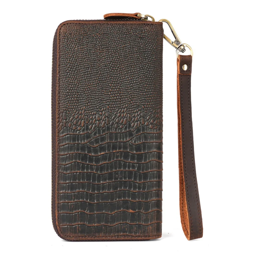 Men's Crazy Horse Leather Wallet, Vintage Embossed Long Wallet with Zipper, Multi-Card Slot Phone Purse, RFID Blocking Billfold