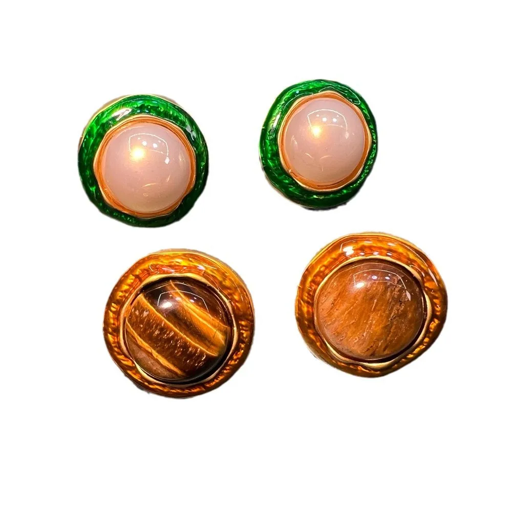 Maillard tiger's eye stone bright pearl round enamel stud earrings vintage premium light luxury S925 earrings