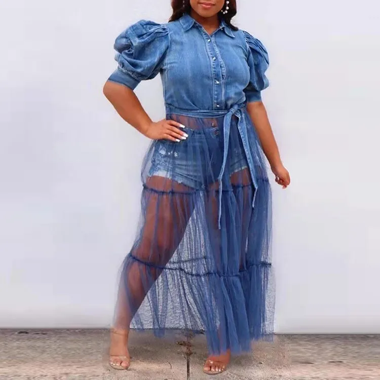 

New Large Size Women's Dress Cardigan Long Dress Temperament Commuter Blue Denim Spliced Mesh Skirt