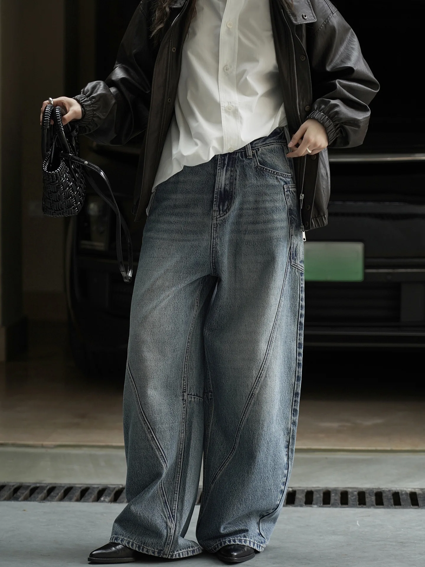 

Fashionable workwear style, personalized cutting and splicing jeans, loose wide leg pants for women