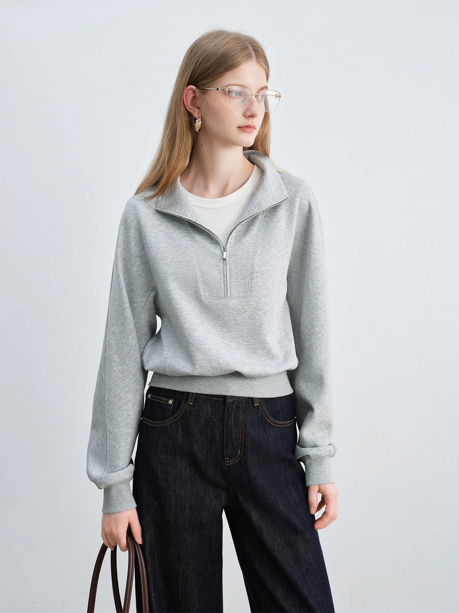 ZIQIAO Petite Women's Tencel Cotton Half-High Collar Raglan Sleeves Half Zip Sweater 2025 Autumn Collection New Item 25ZQ93100