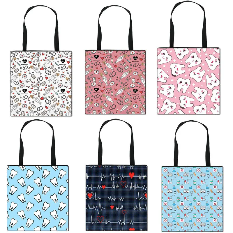 Doctor Nurse ECG Printing Totes Bag Ladies Portable Bags for Travel  Women Cute Tooth Fairy Handbag Female Portable Shopping Bag