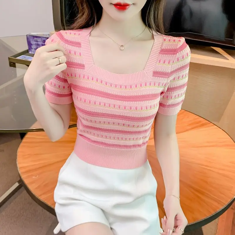 

Summer Women's Clothing Geometric Contrast Color Screw Thread Short Sleeve Sweater Knitted Elegant Sweet Square Collar Tops