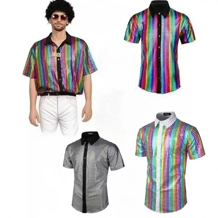 

70s 80s Vintage Disco Costume Sequins Shirts Short Sleeve Shirt XS-3XL Casual Nightclub Hippie Rocker Party Halloween Outfit