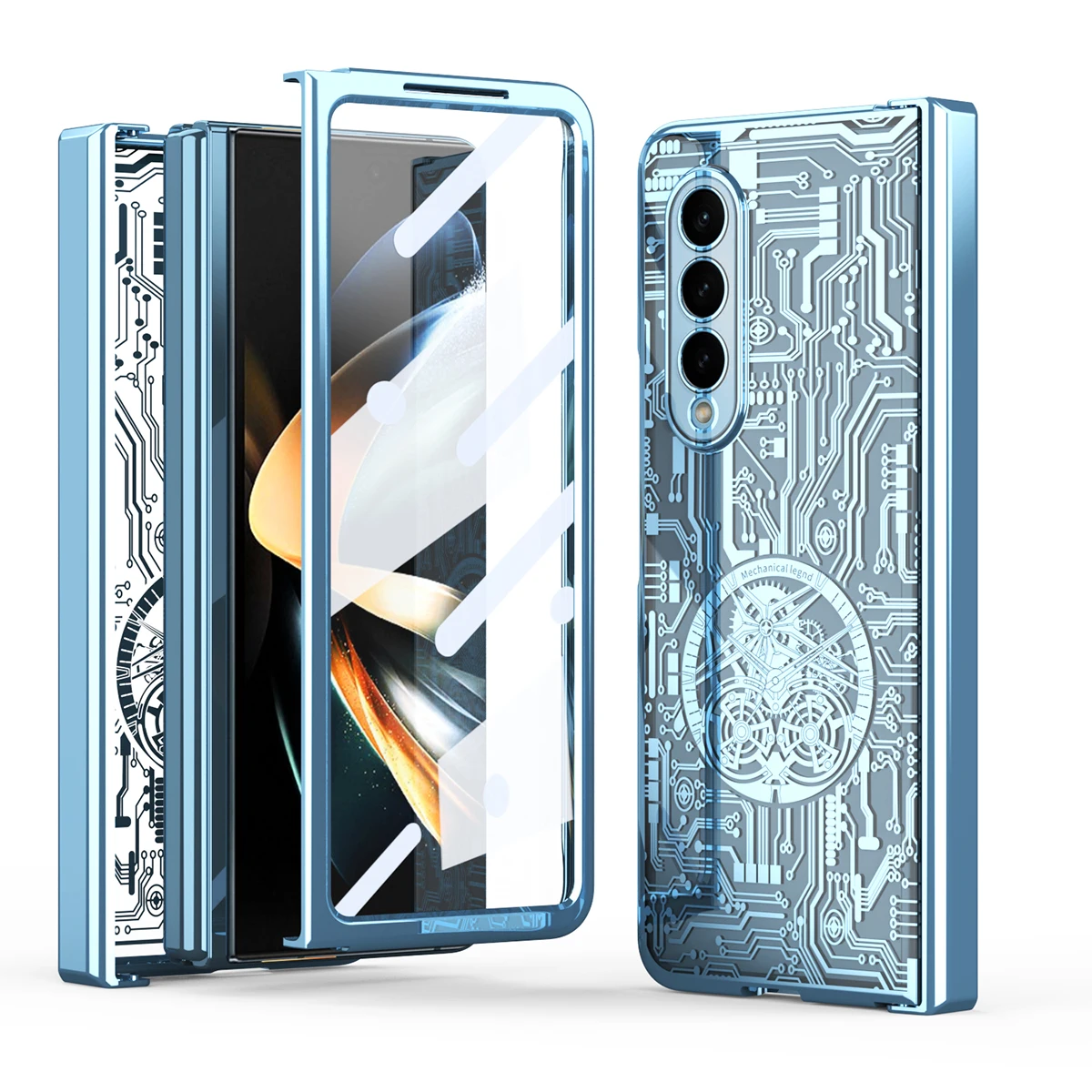 Mechanical Style Circuit Board Pattern Phone Case For Samsung Galaxy Z Fold 5 4 3 5G Hinge Plastic Cover With Front Screen Glass