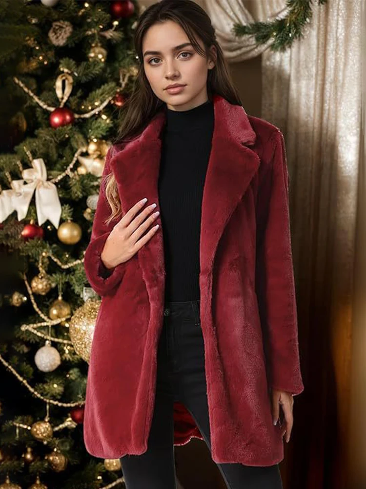 معطف ترينديكس أنيق من الفرو الصناعي للنساء موضة الشتاء الدافئة بأكمام طويلة وطية صدر السترة معاطف مكتب للتنقل سترة طويلة غير رسمية #4