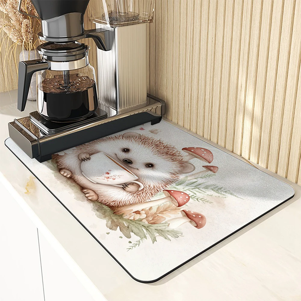 Coffee Mat Flowers Mushroom Absorbent Draining Dish Drying Mat Dry Bathroom Tableware Hide Stain Rubber Backed Absorbent Mat