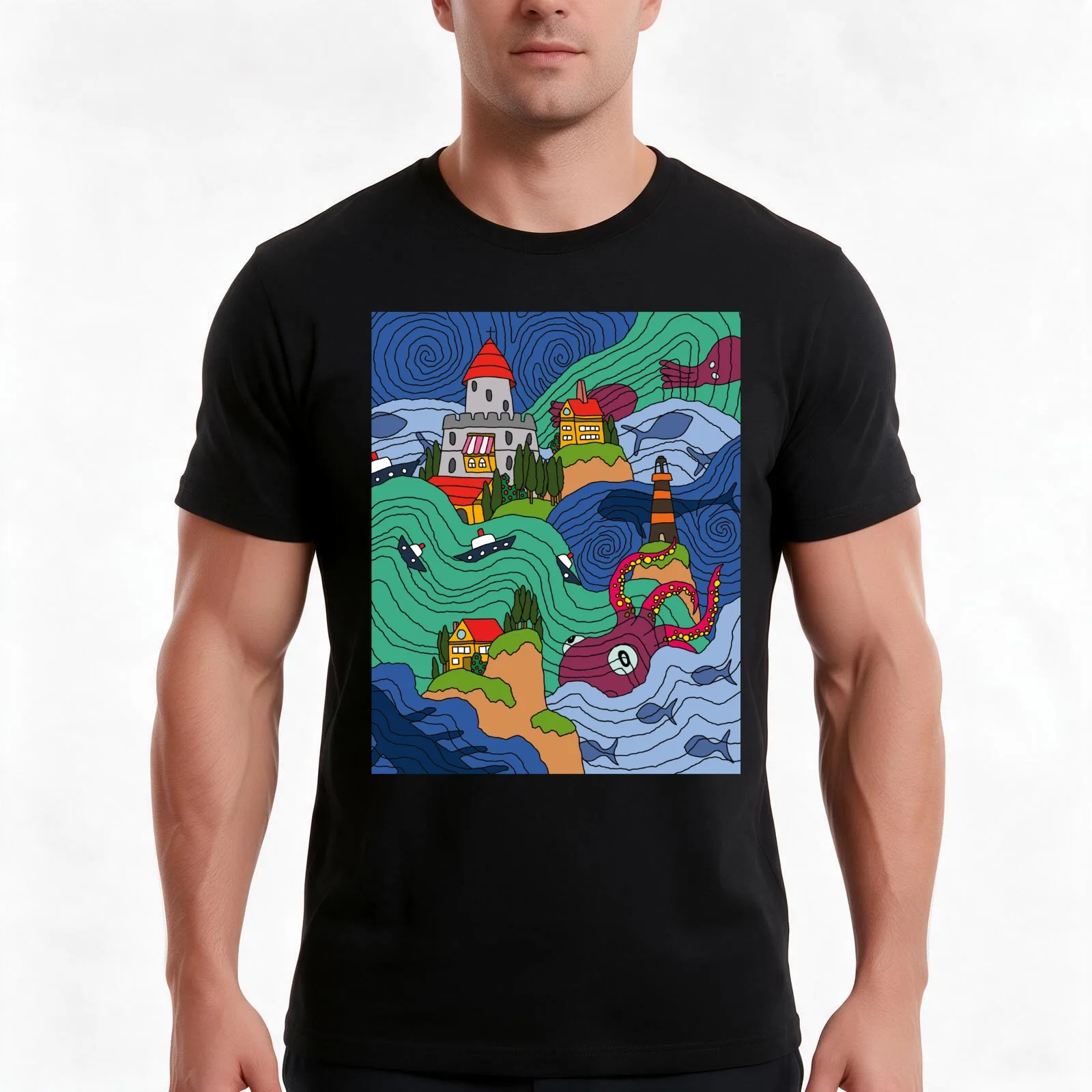 Ocean Mosaic T-Shirt, Summer Casual Cotton Tee, Oversized Streetwear Tops, Vintage Graphic Print, Loose Fit Short Sleeve