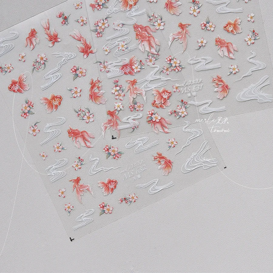 5D Retro Red Rich Koi Goldfish Nail Art Sticker Flower Clouds Self Adhesive Nail Art Stickers Decals Decor Manicure