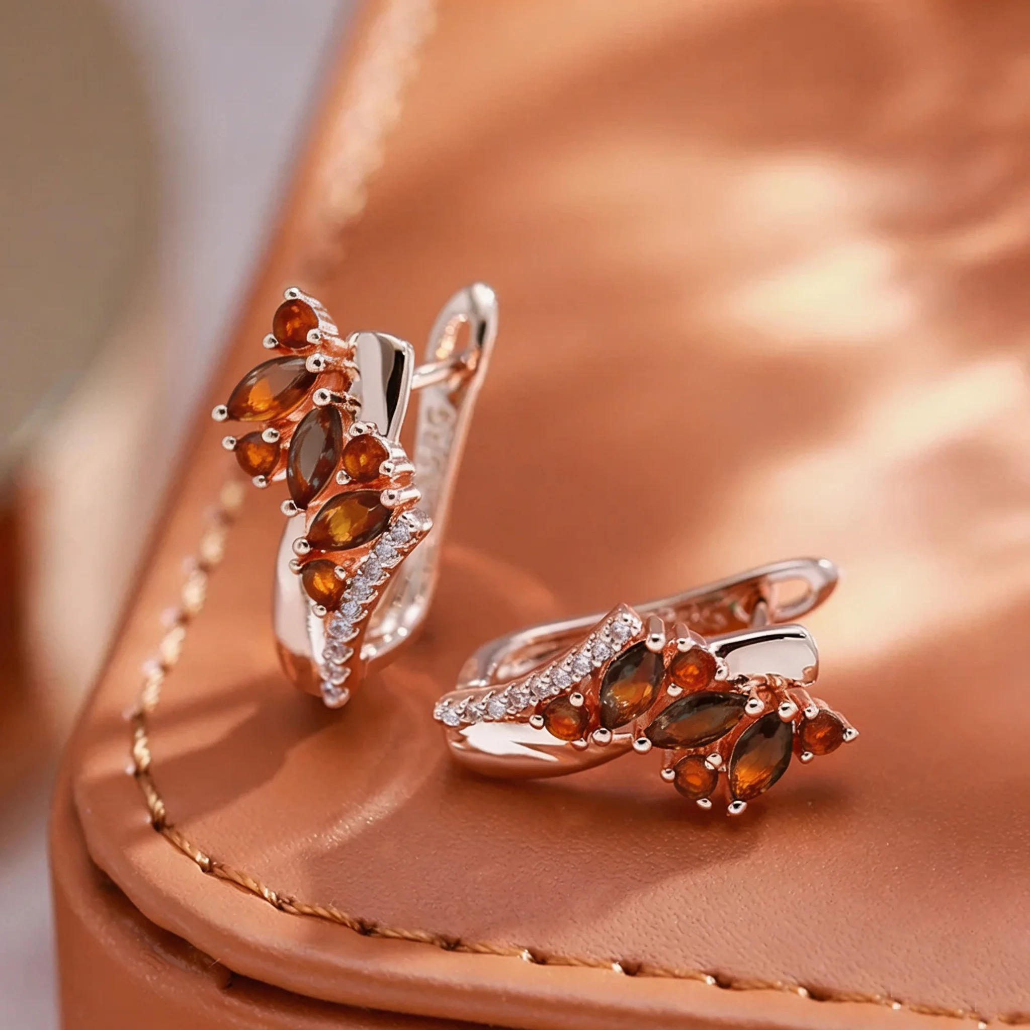 Wbmqda 18*10mm Orange Red Stone Flower Drop Earrings For Women 585 Rose Gold Color Luxury Holiday Jewelry Accessories