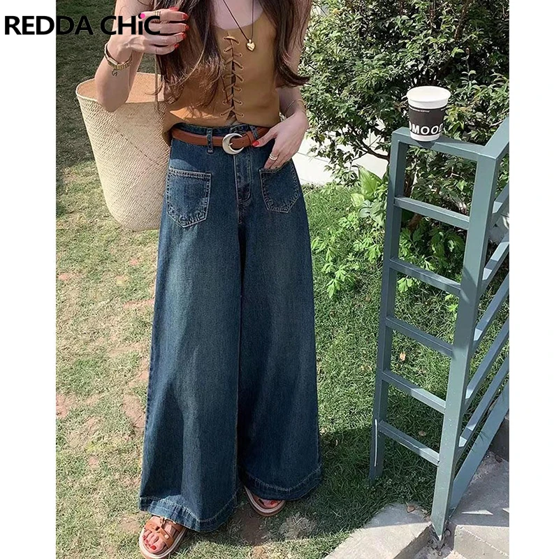 

ReddaChic Minimalist Plain Baggy Jeans for Women Y2k Pants Vintage Blue Oversize Casual High Rise Trousers Harajuku Streetwear